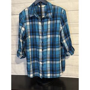 Allison Daley Plaid Button-Up Shirt Women's 1X  Blue & Silver – Roll-Tab Sleeve